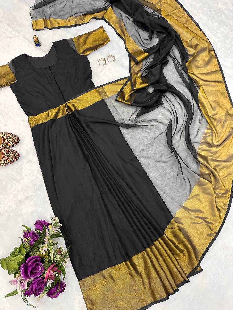Ready To Wear Black Zari Patta Gown Saree
