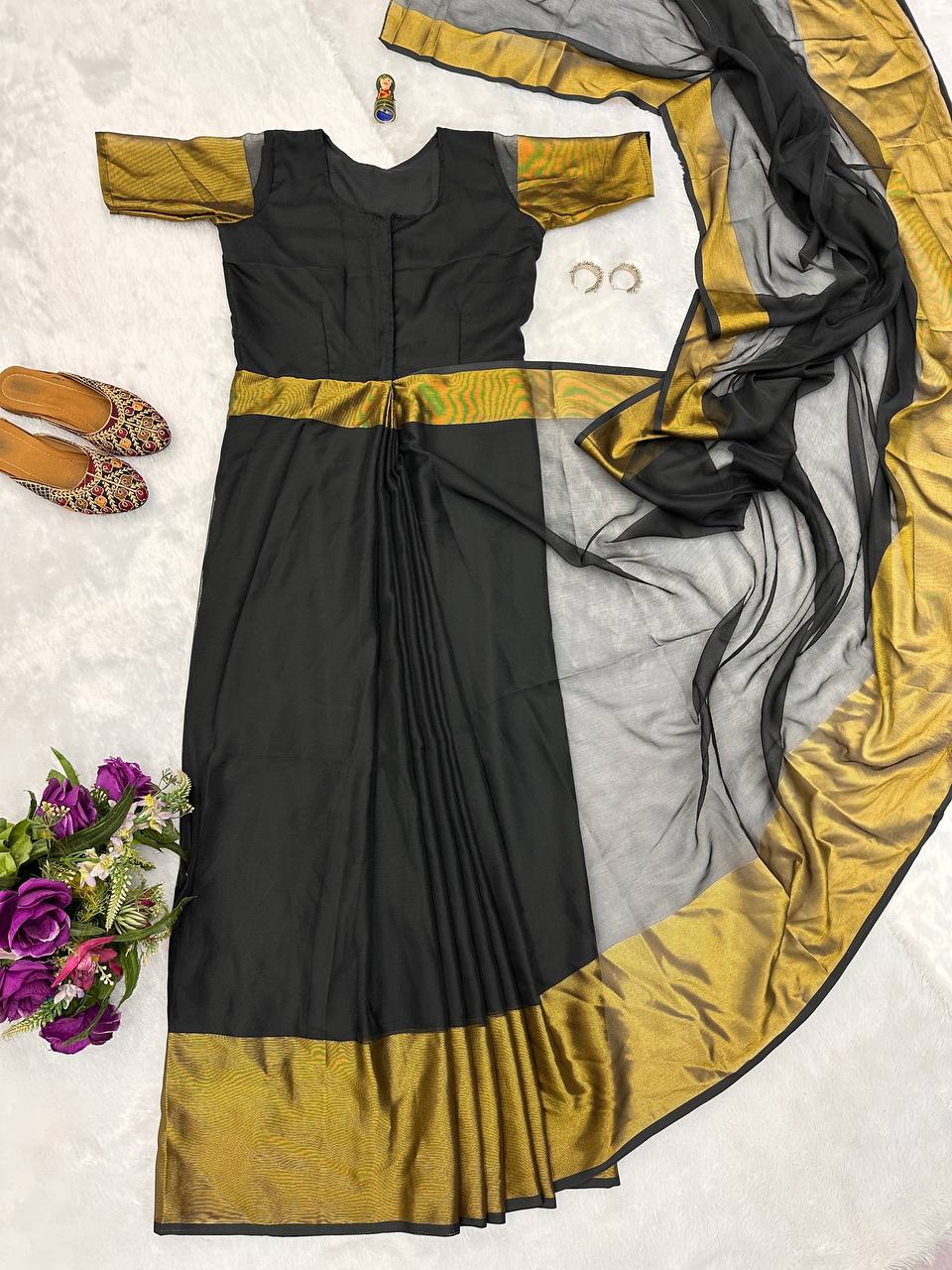 Ready To Wear Black Zari Patta Gown Saree