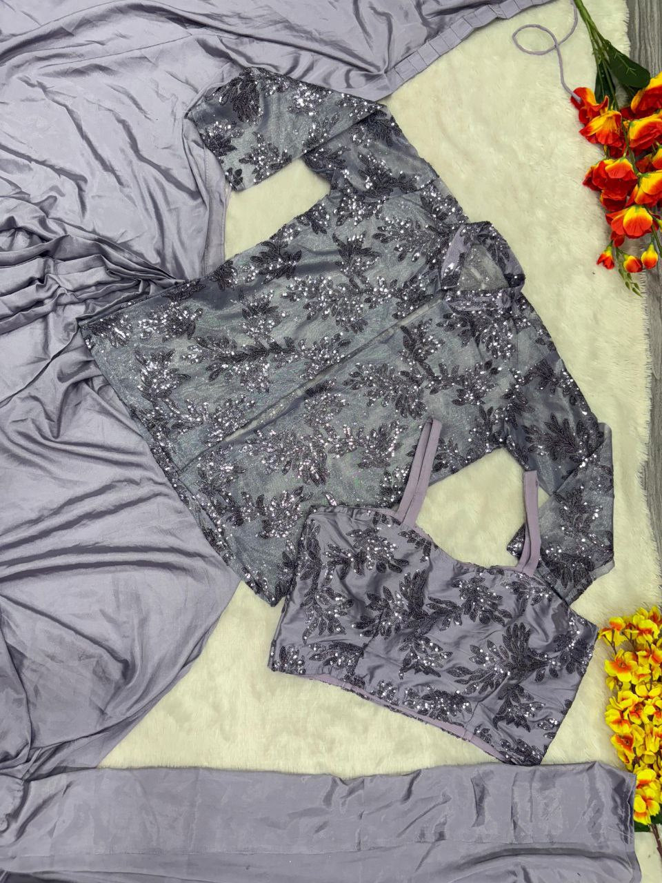 Ready to Wear 1 Min Jacket Pattern Saree with Free Size Stitched Blouse