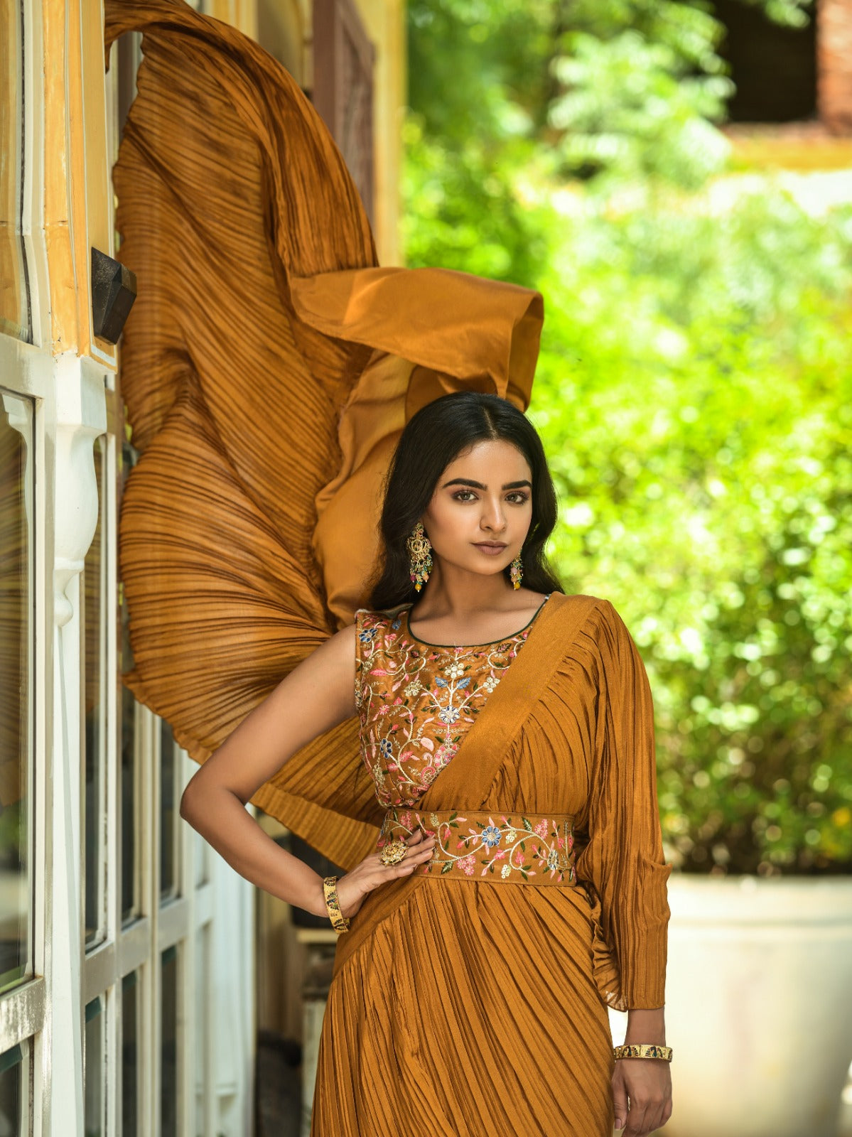 Chinnon Fabric With Half Half Crush Pleated Musturd Colour Party Wear Saree