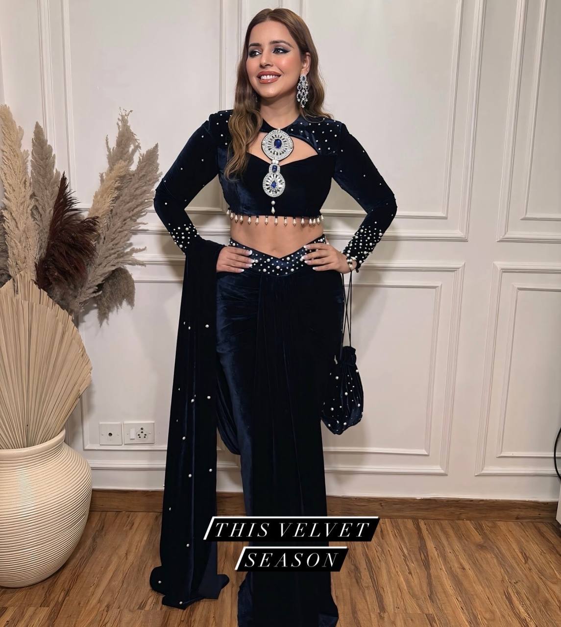 1 Min Indo Western Drape Velvet Pearl Work Lehenga Choli