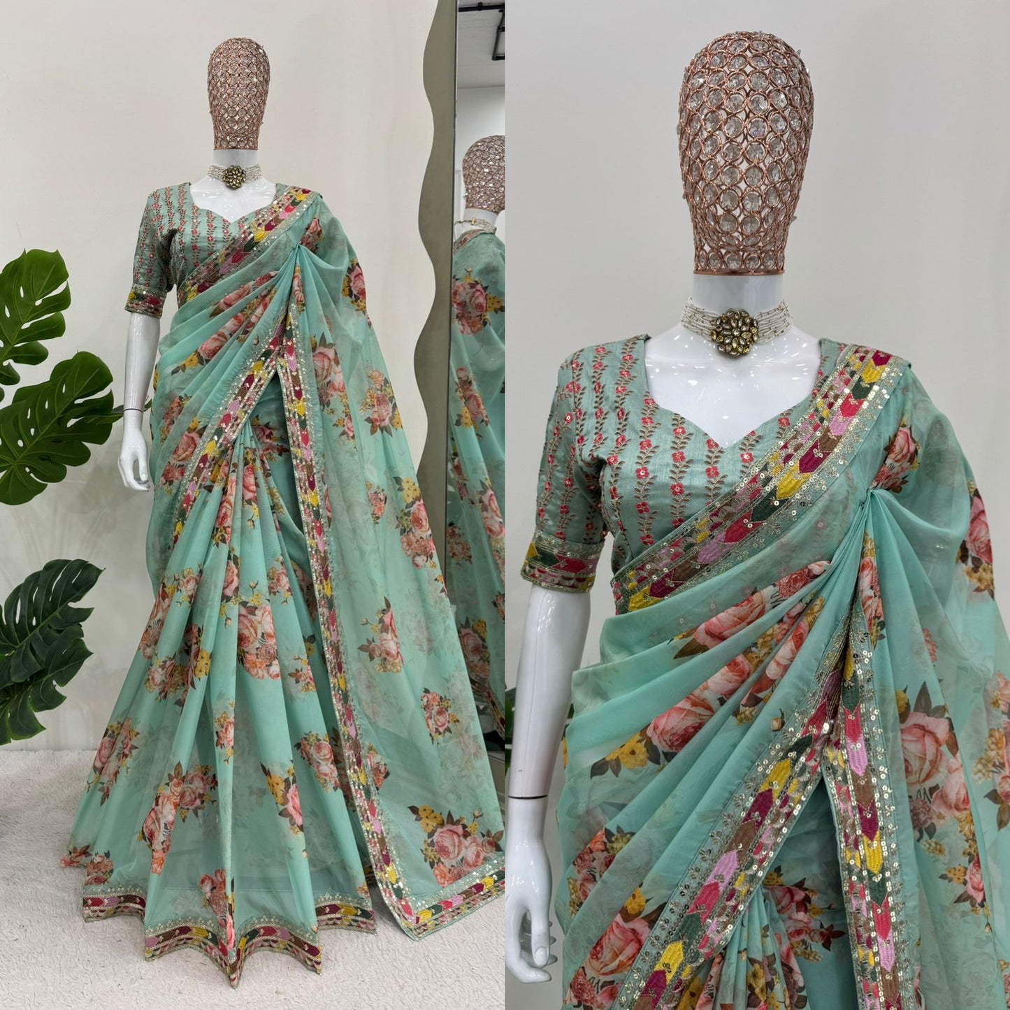 Tubby Silk Digital Print And Sequense Work Firozi Colour Saree