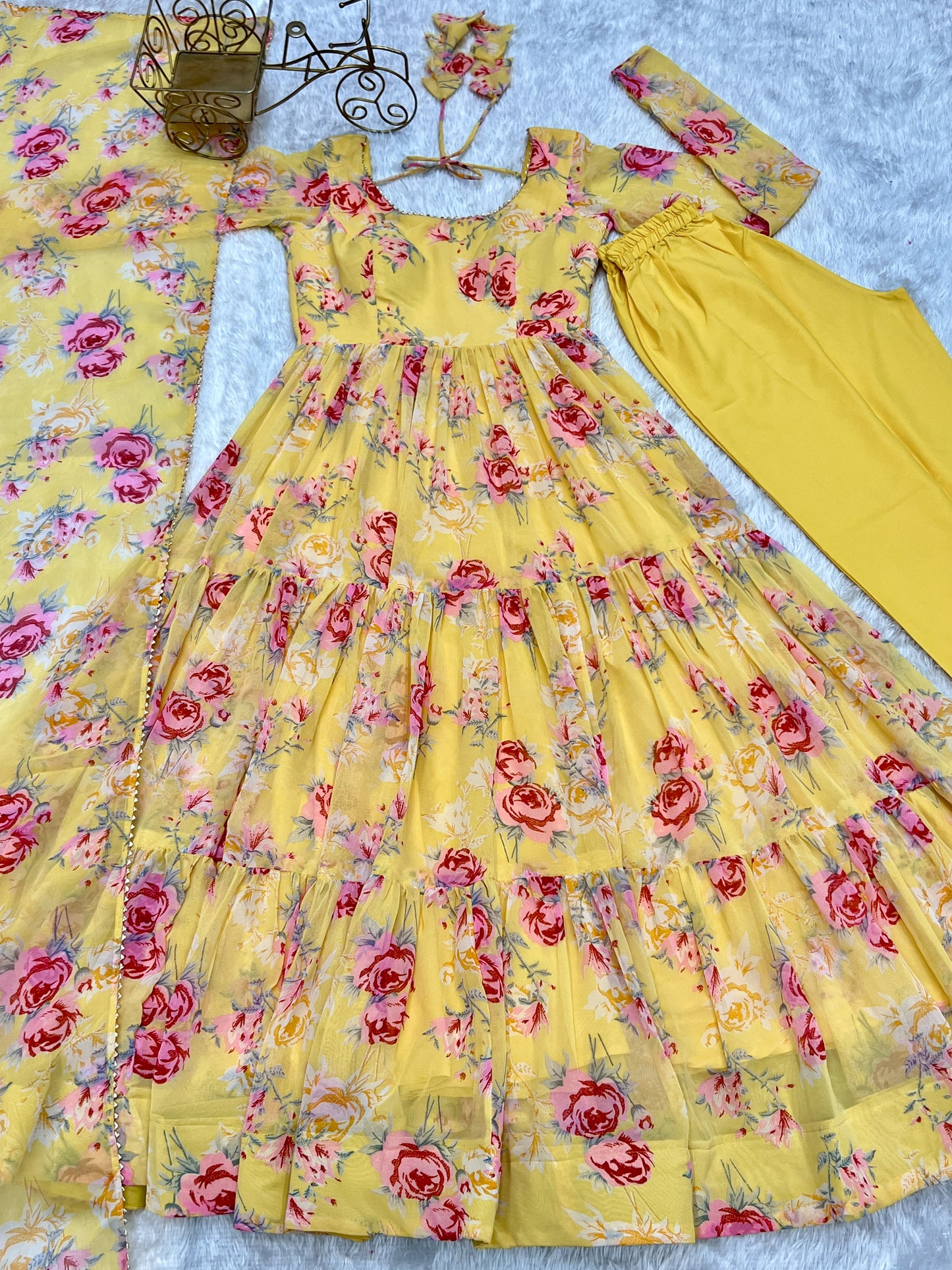 Yellow Color Georgette Print Long Anarkali Style Stitched Suit Set