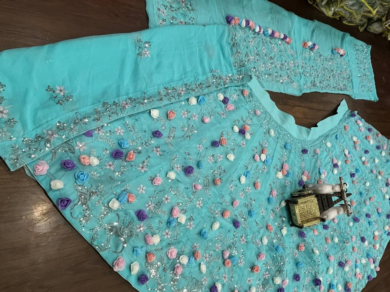 Wedding Wear Skyblue Color Georgette 3D Flower Work Lehenga Choli