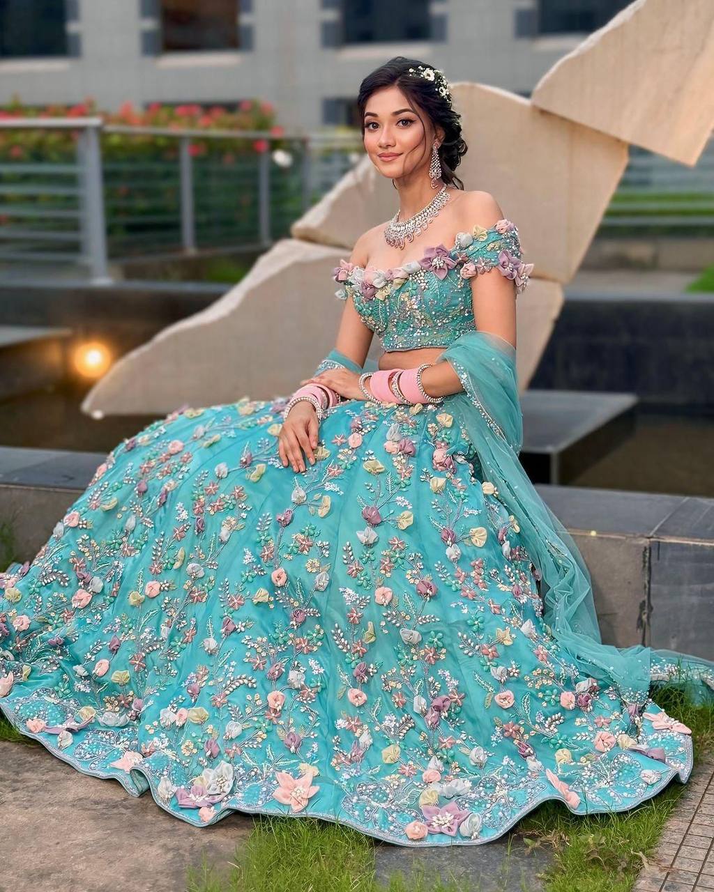 Wedding Wear Skyblue Color Georgette 3D Flower Work Lehenga Choli