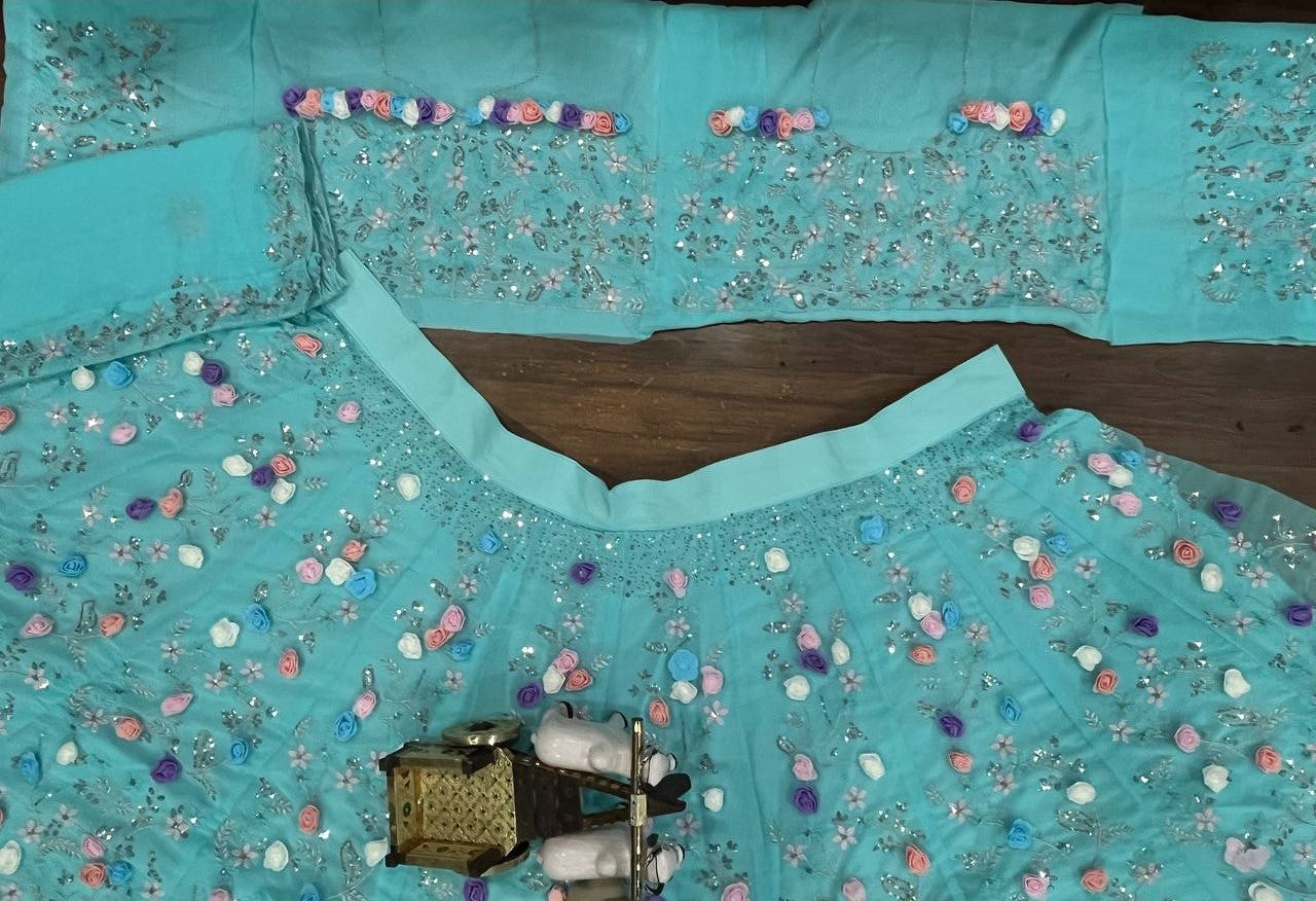 Wedding Wear Skyblue Color Georgette 3D Flower Work Lehenga Choli