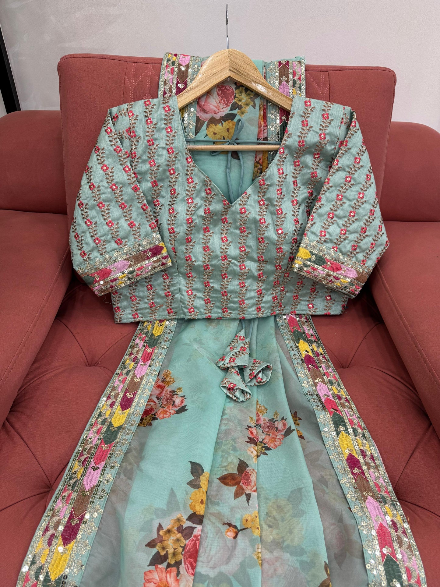 Tubby Silk Digital Print And Sequense Work Firozi Colour Saree