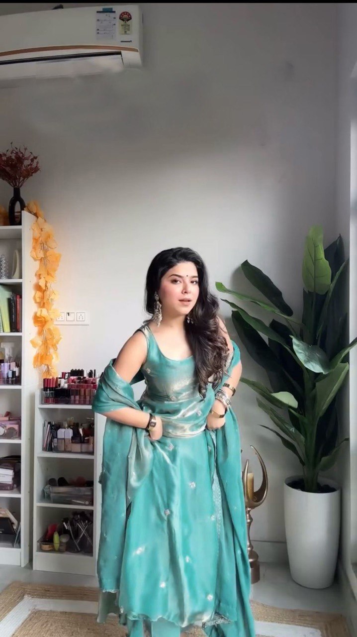 Fully Stitched Fandy Silk Gown With Pant Dupatta Set