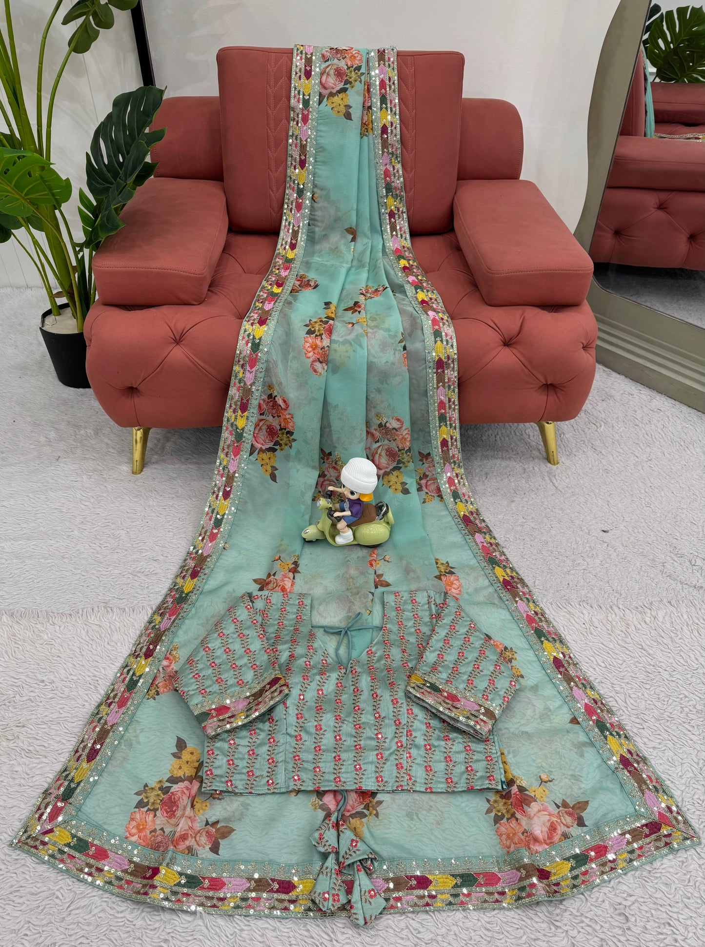 Tubby Silk Digital Print And Sequense Work Firozi Colour Saree