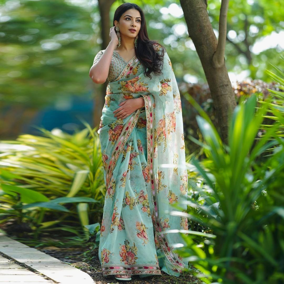 Tubby Silk Digital Print And Sequense Work Firozi Colour Saree