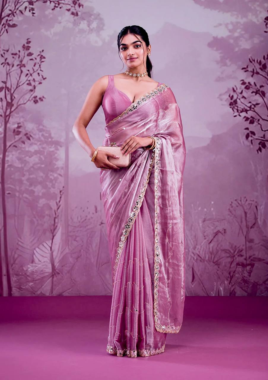 Premium Berberry Sari with Heavy Embroidery & Real Mirror Work