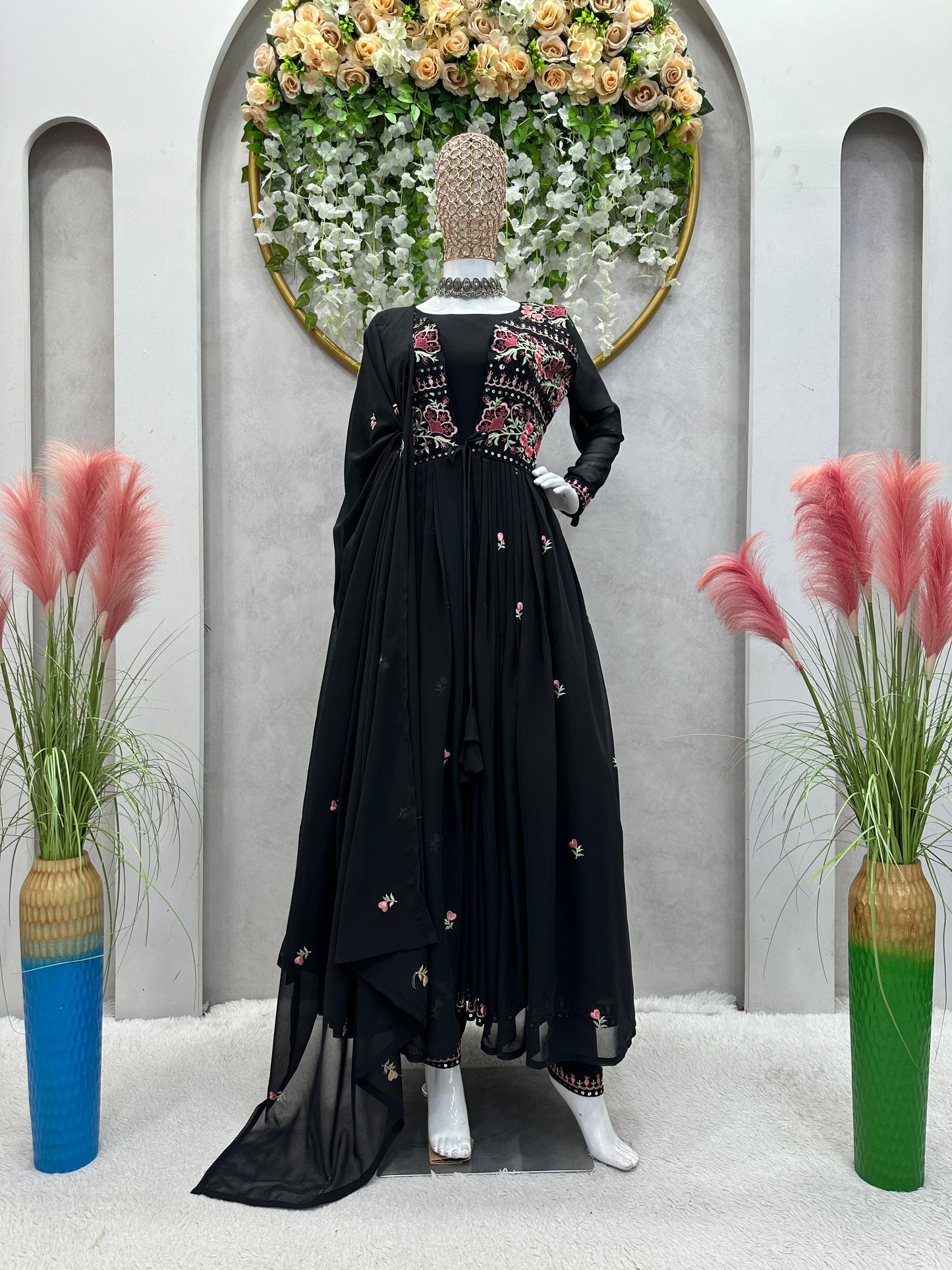 Glamorous Black Colour Full Stitch Georgette Gown With Embroidery Worked Shrug