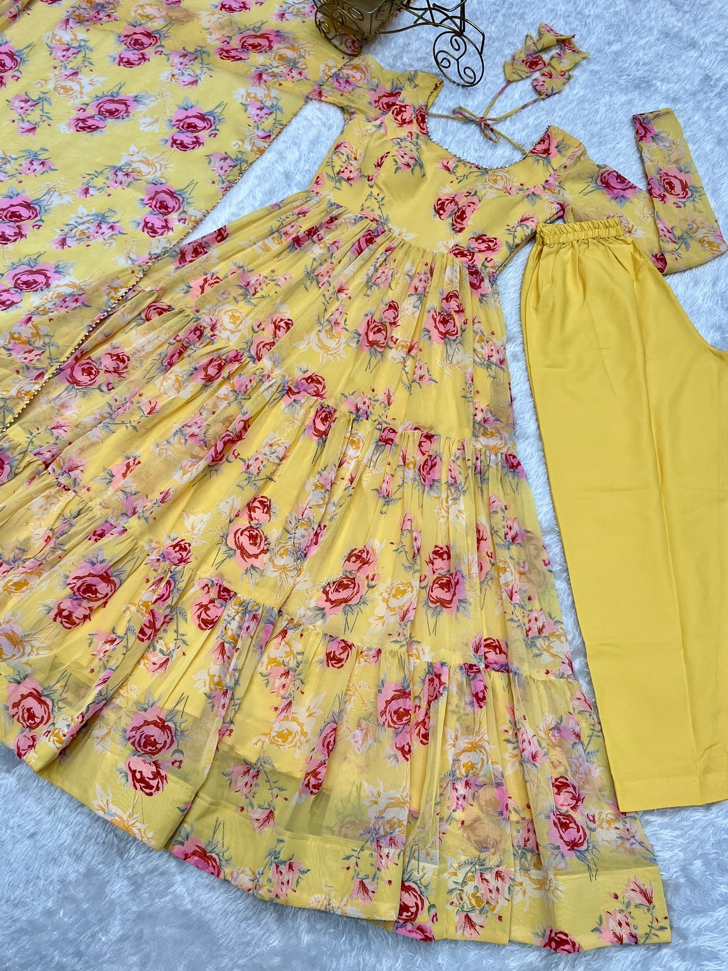 Yellow Color Georgette Print Long Anarkali Style Stitched Suit Set