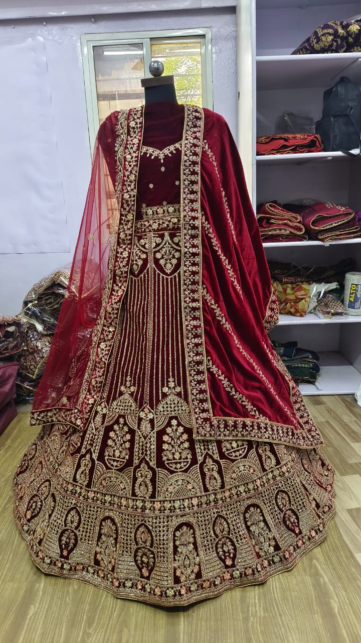 Heavy Velvet Zari Work & Zarkan Diamond Work Bridal Lehenga Choli For Women