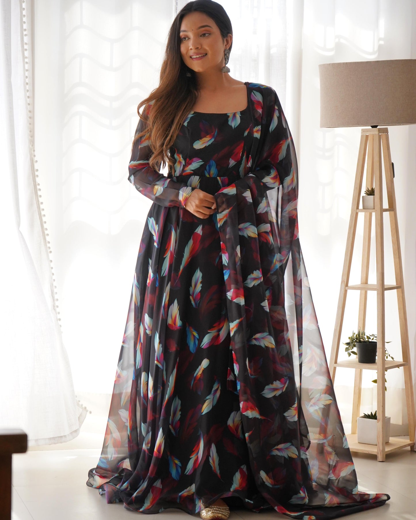 Black Tubby Silk Printed Ready Made Frock Style Gown