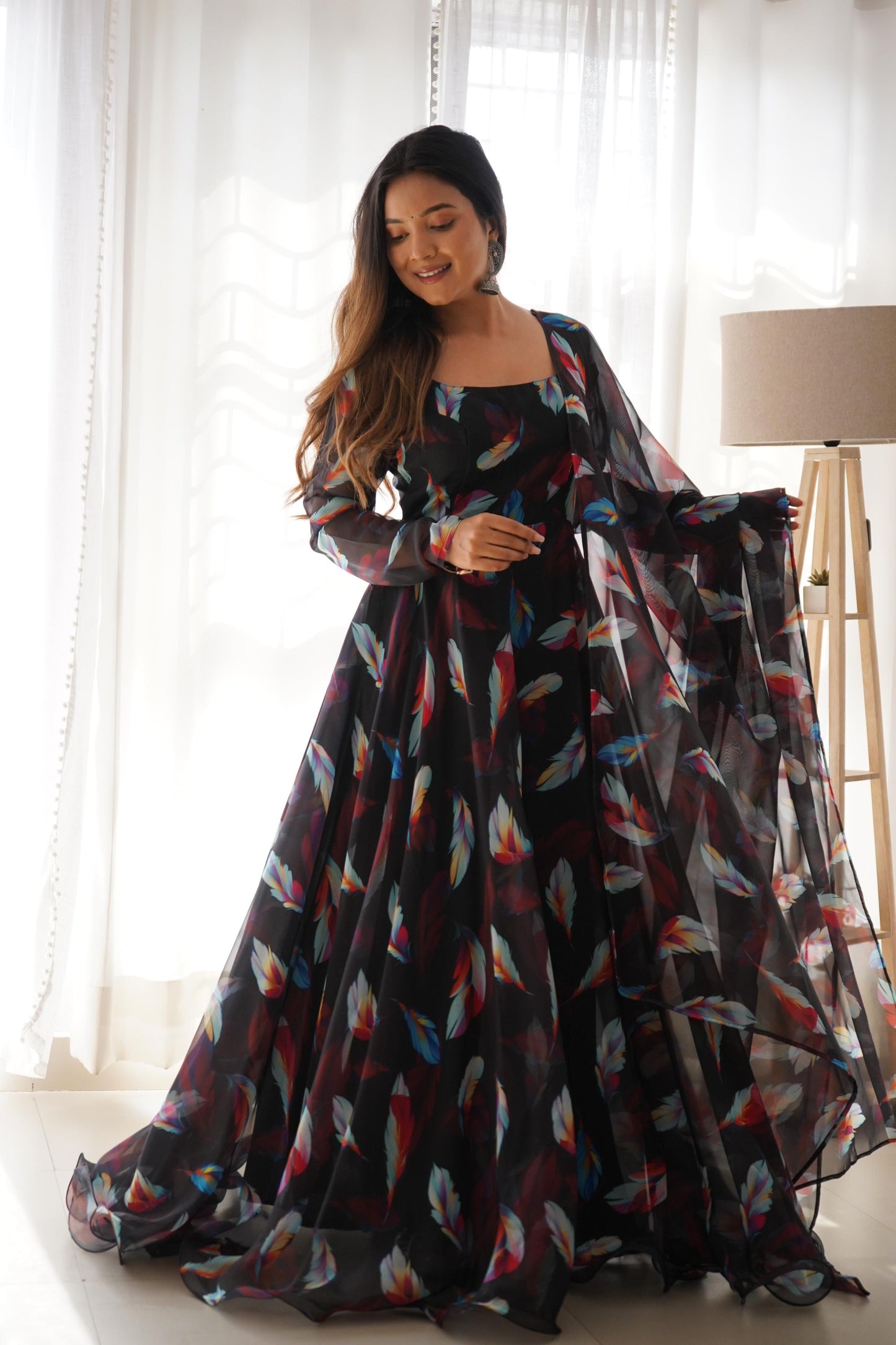 Black Tubby Silk Printed Ready Made Frock Style Gown
