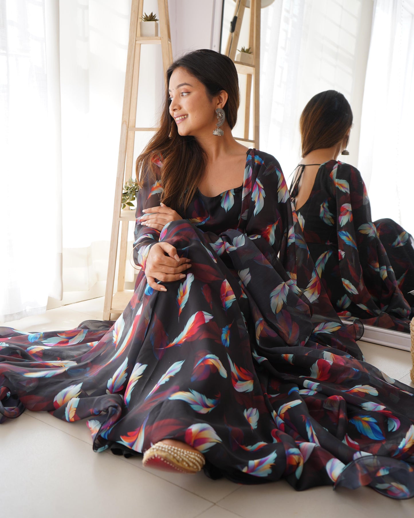 Black Tubby Silk Printed Ready Made Frock Style Gown