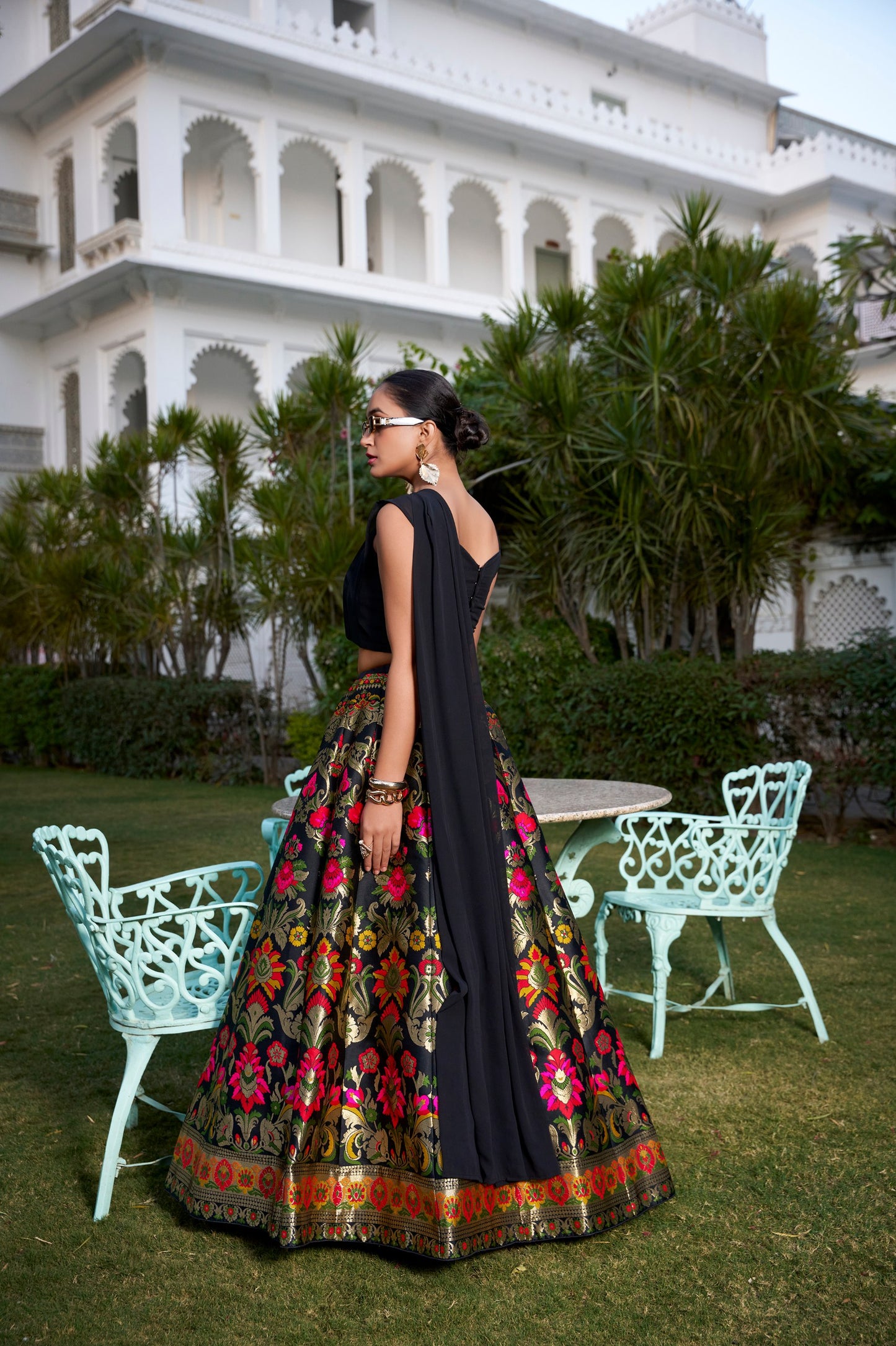 Midnight Floral Indo Western Banarasi Silk Lehenga Choli