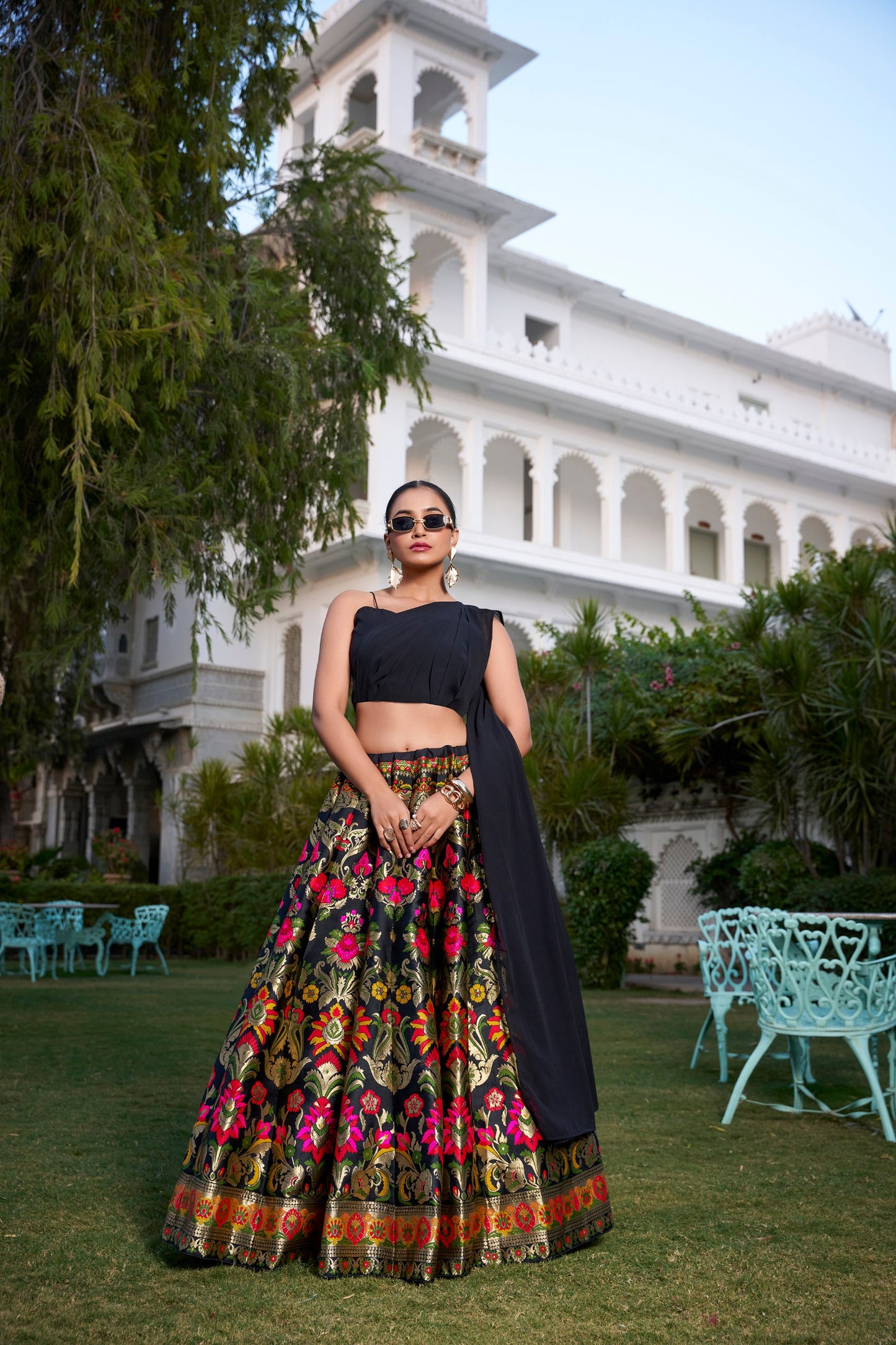 Midnight Floral Indo Western Banarasi Silk Lehenga Choli