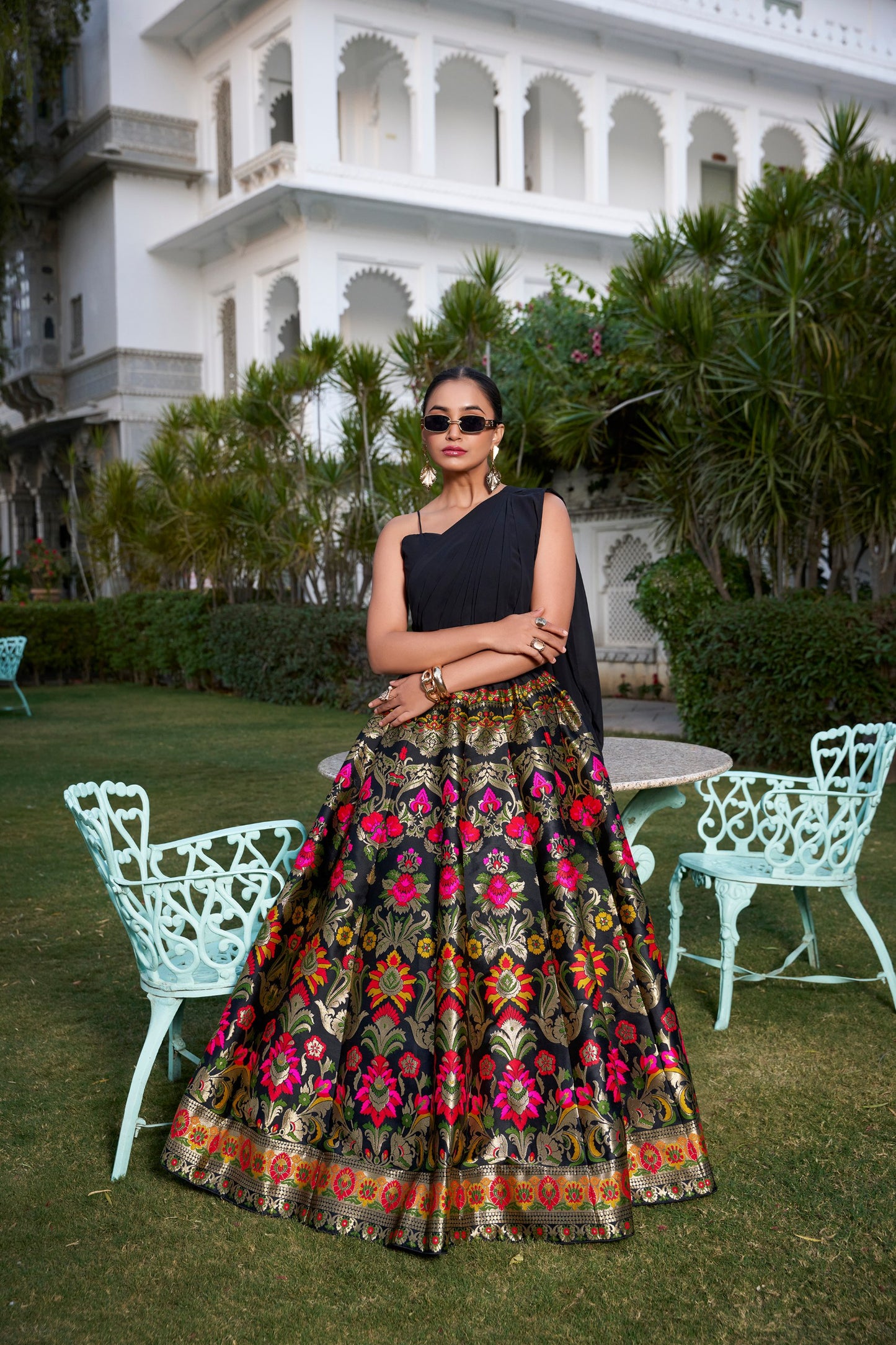 Midnight Floral Indo Western Banarasi Silk Lehenga Choli