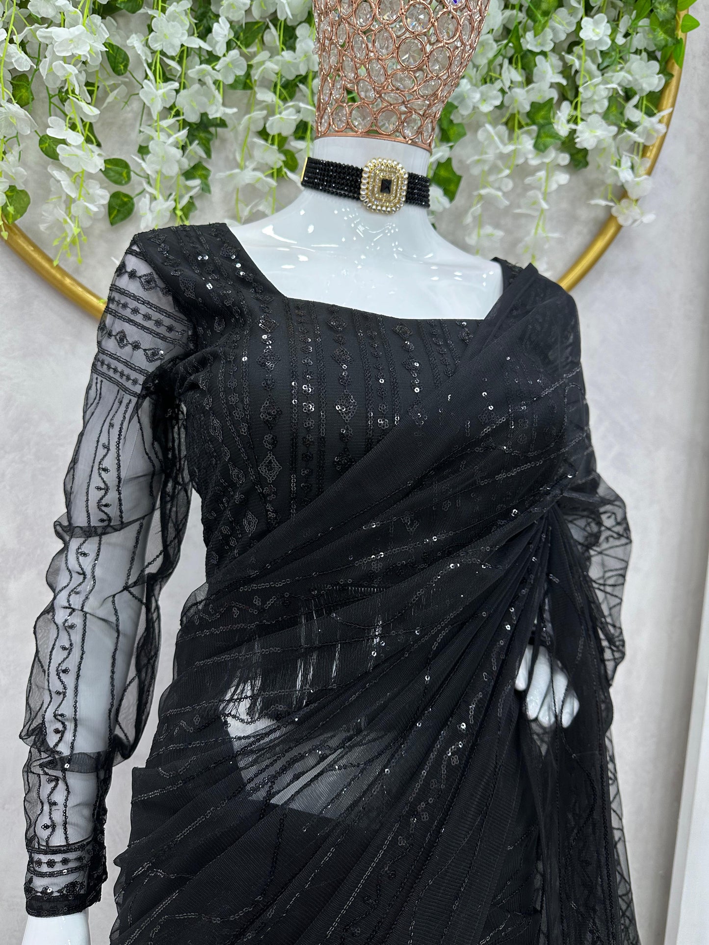 Black Sequence Work With Fancy Lace Ready To Wear Saree
