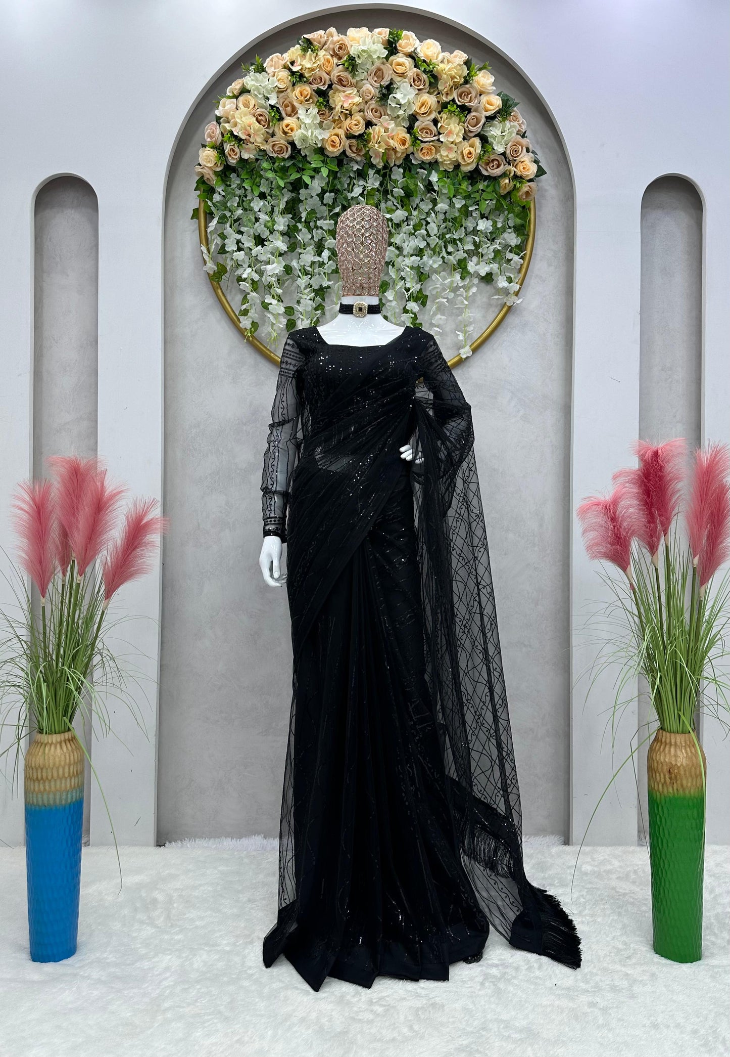 Black Sequence Work With Fancy Lace Ready To Wear Saree