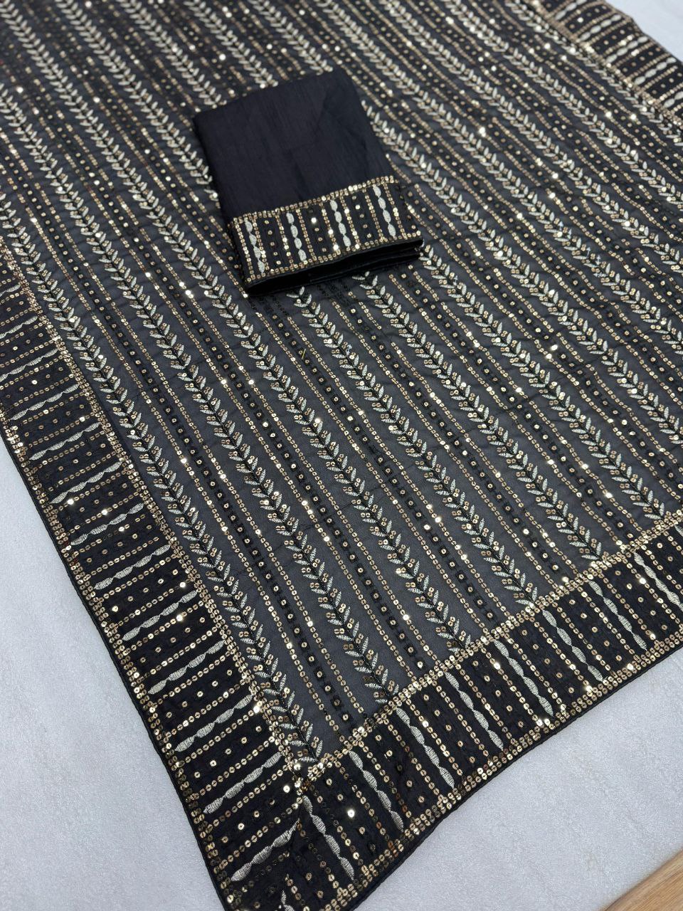 Gold Sequence Work Black Georgette Party Wear Saree