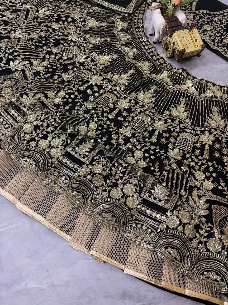 Black Soft Net Heavy Sequence Jari Work Lehenga Choli