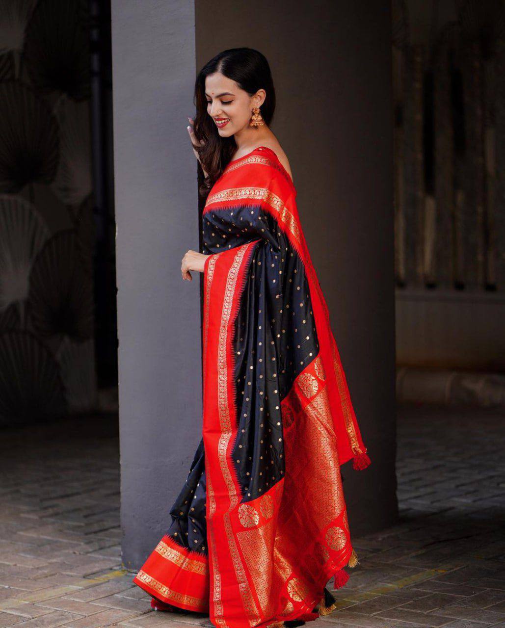 Wedding Waer Black Red Jacquard Work Soft Lichi Saree