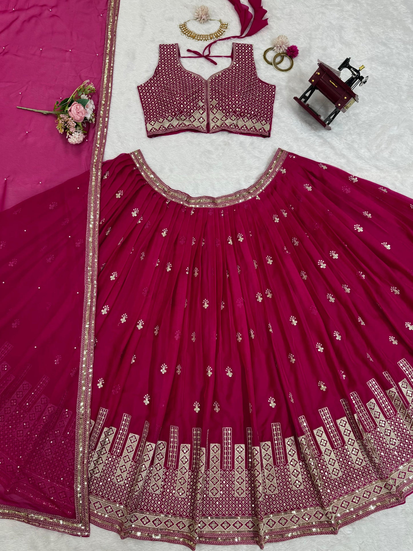 Tuby Organza Silk Sequence Work Cherry Color Lehenga Choli