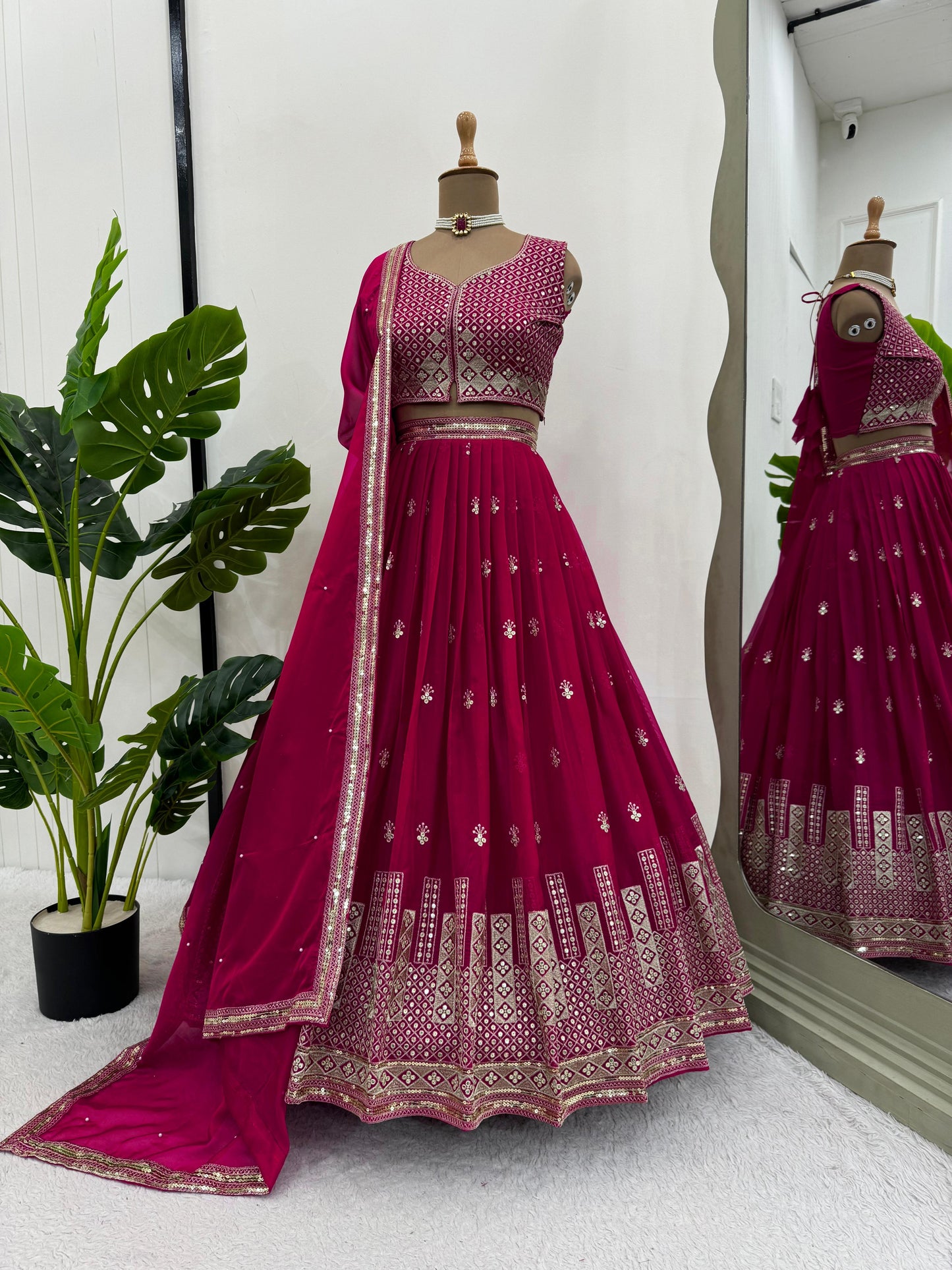 Tuby Organza Silk Sequence Work Cherry Color Lehenga Choli