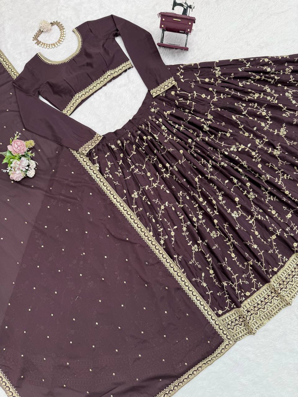 Coffee Colour Chinon Silk Thread with Sequnce Work Lehenga Choli