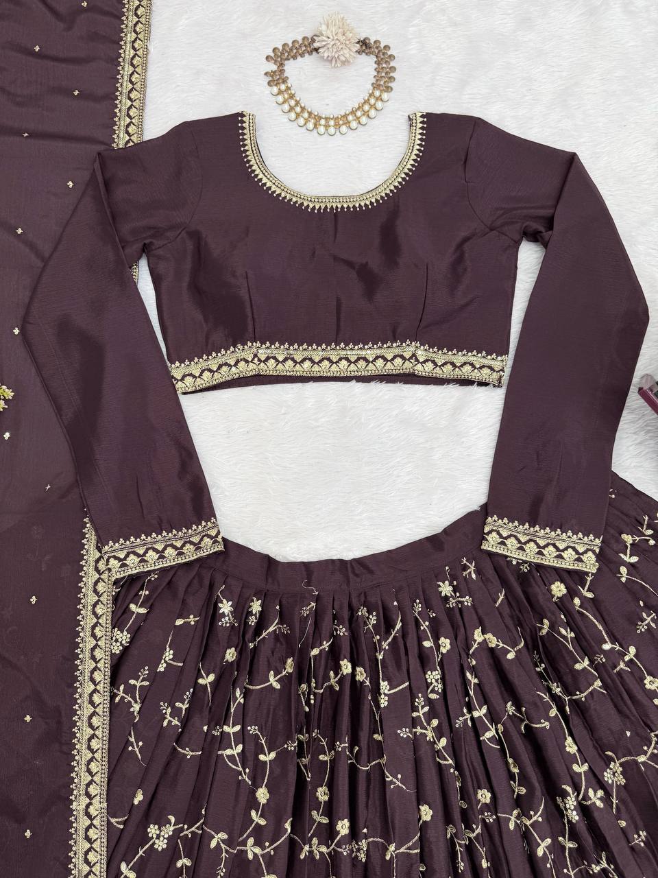 Coffee Colour Chinon Silk Thread with Sequnce Work Lehenga Choli