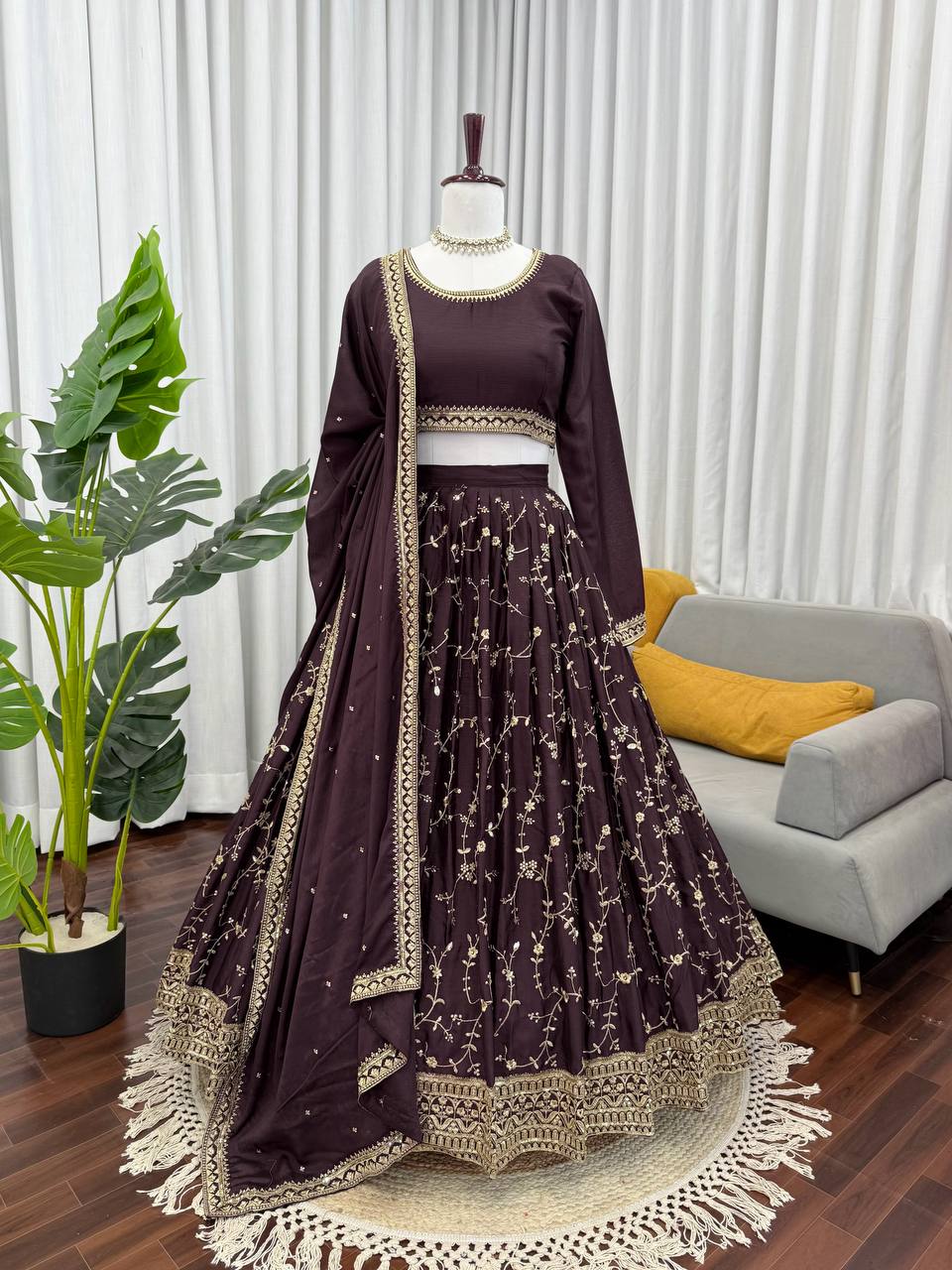 Coffee Colour Chinon Silk Thread with Sequnce Work Lehenga Choli