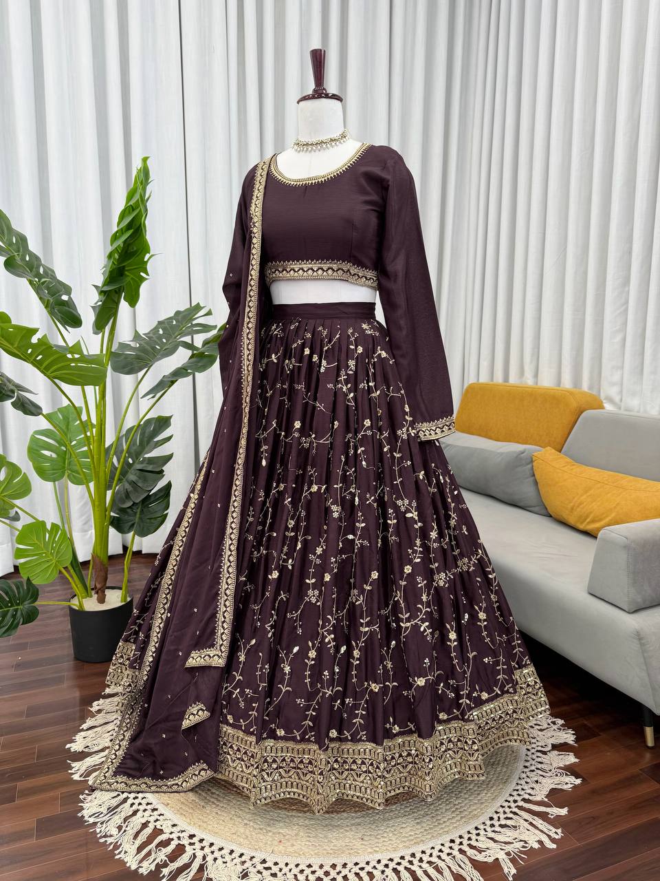 Coffee Colour Chinon Silk Thread with Sequnce Work Lehenga Choli