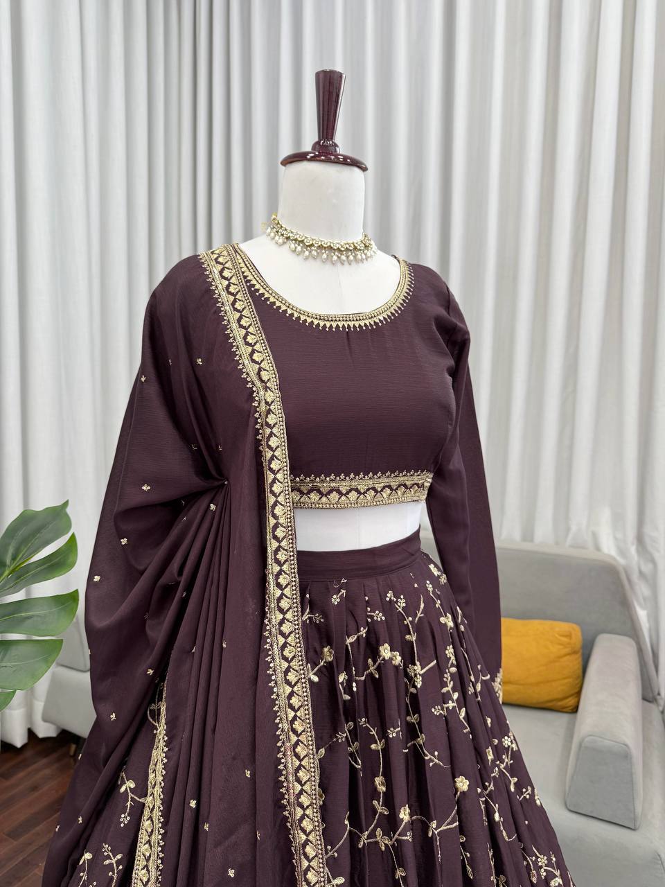 Coffee Colour Chinon Silk Thread with Sequnce Work Lehenga Choli
