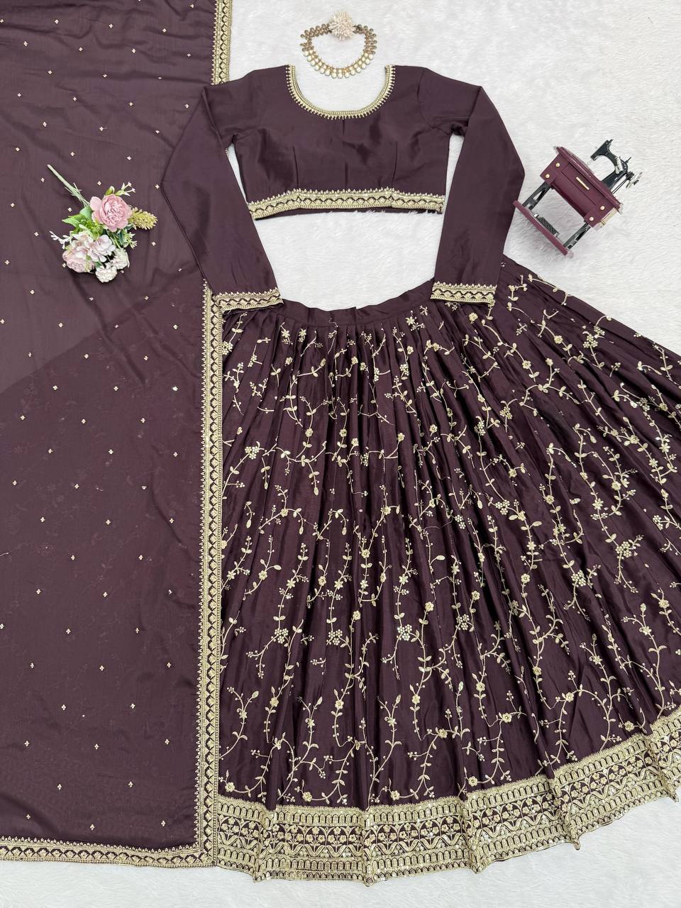 Coffee Colour Chinon Silk Thread with Sequnce Work Lehenga Choli