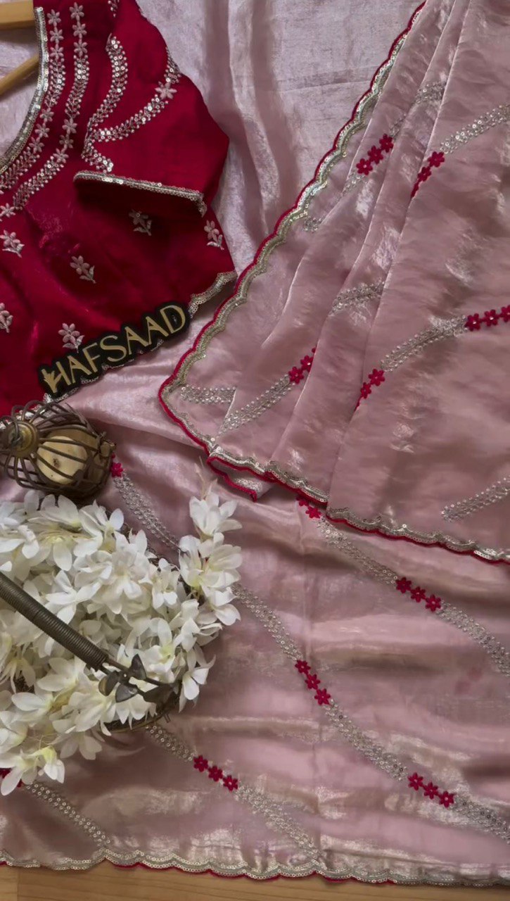 Elegant Pink Crunchy Silk Saree with Thread & Sequence Work