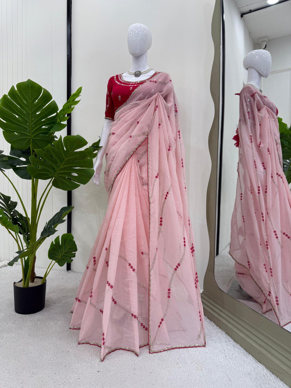 Elegant Pink Crunchy Silk Saree with Thread & Sequence Work