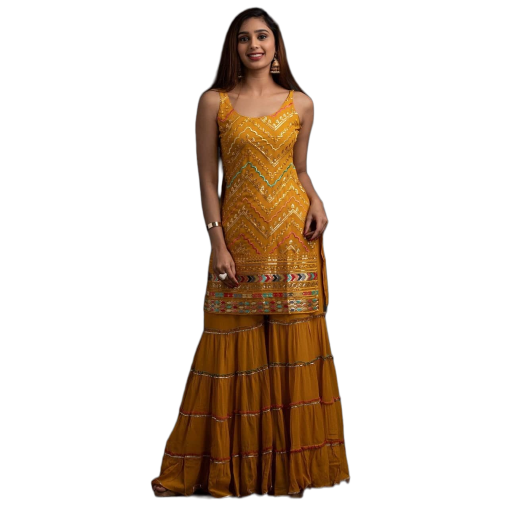 Admiring Mustard Color Party Wear Georgette Embroidered Work Sharara Suit