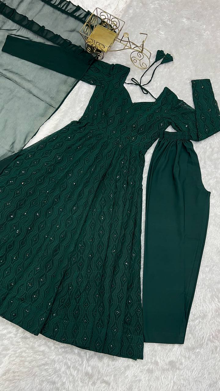 Grace in Green Heavy Work Long Gown Full Stiched