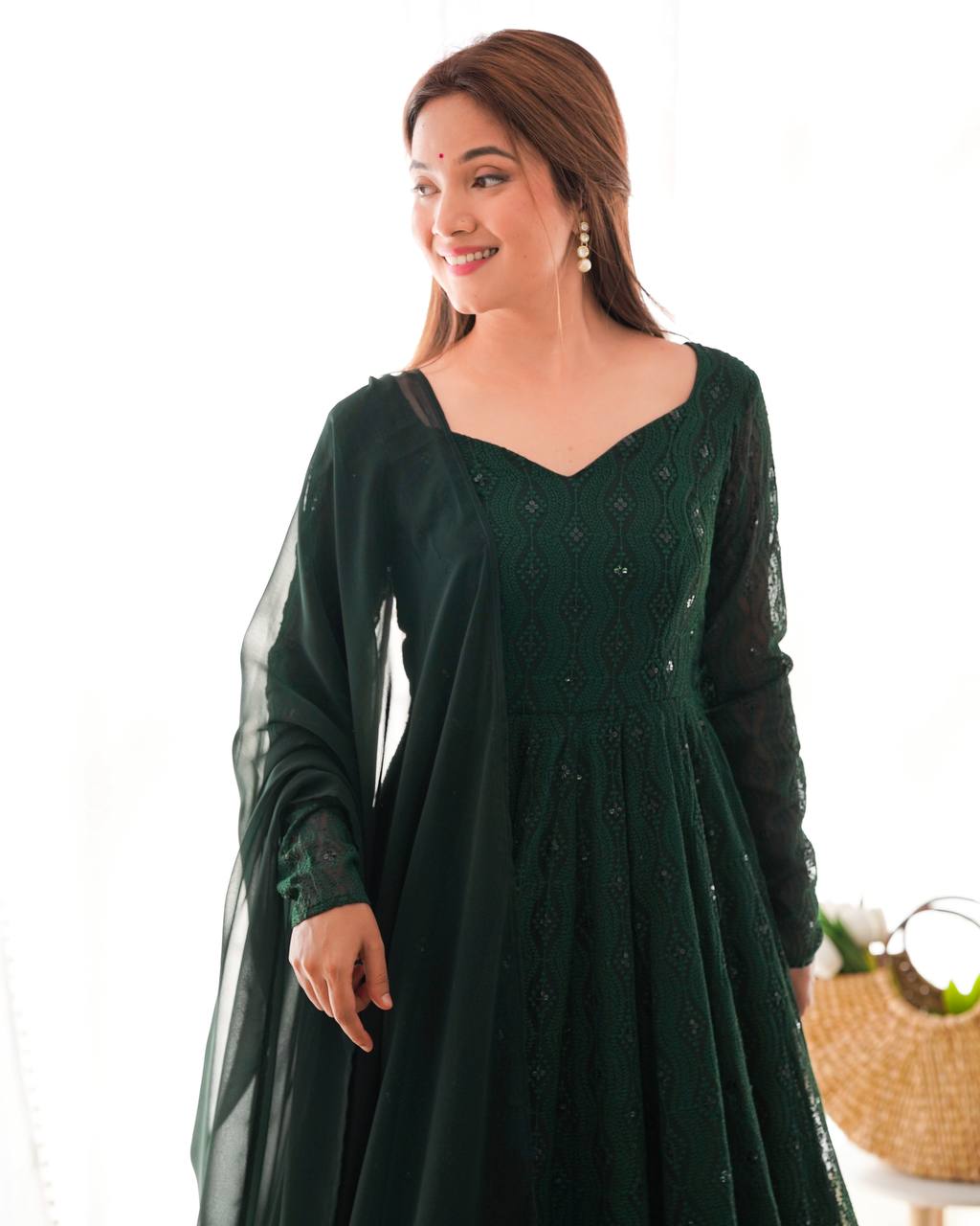 Grace in Green Heavy Work Long Gown Full Stiched