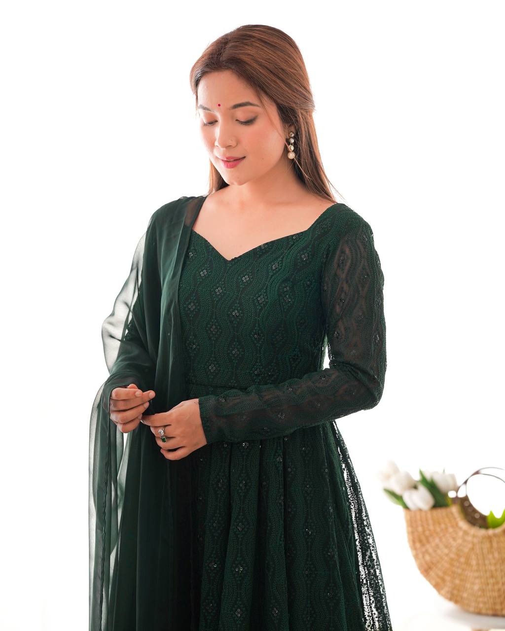Grace in Green Heavy Work Long Gown Full Stiched