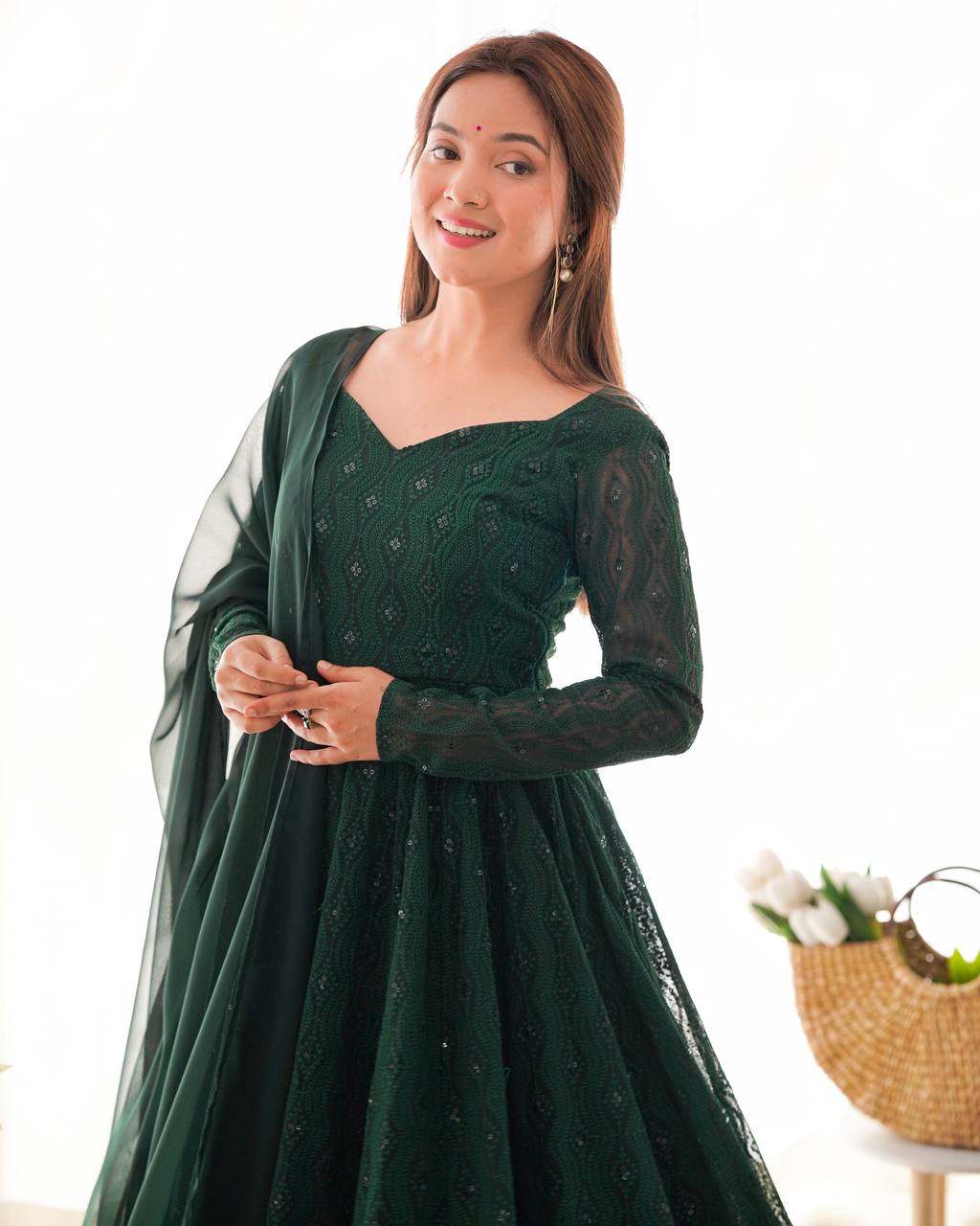 Grace in Green Heavy Work Long Gown Full Stiched