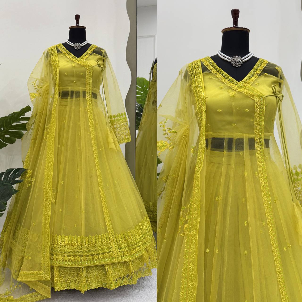 Mehendi Green Wedding Functions Gown Full Stiched