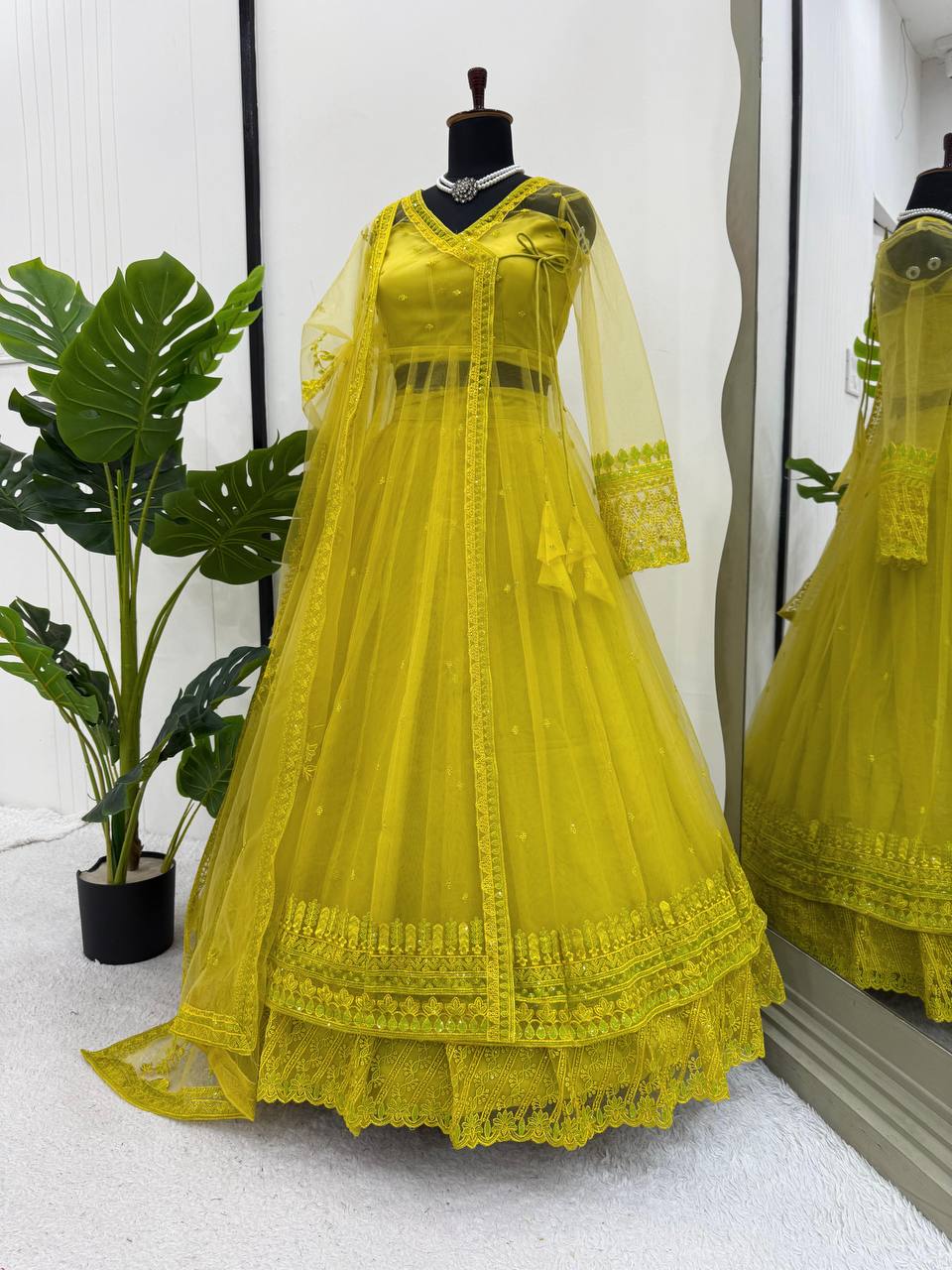 Mehendi Green Wedding Functions Gown Full Stiched