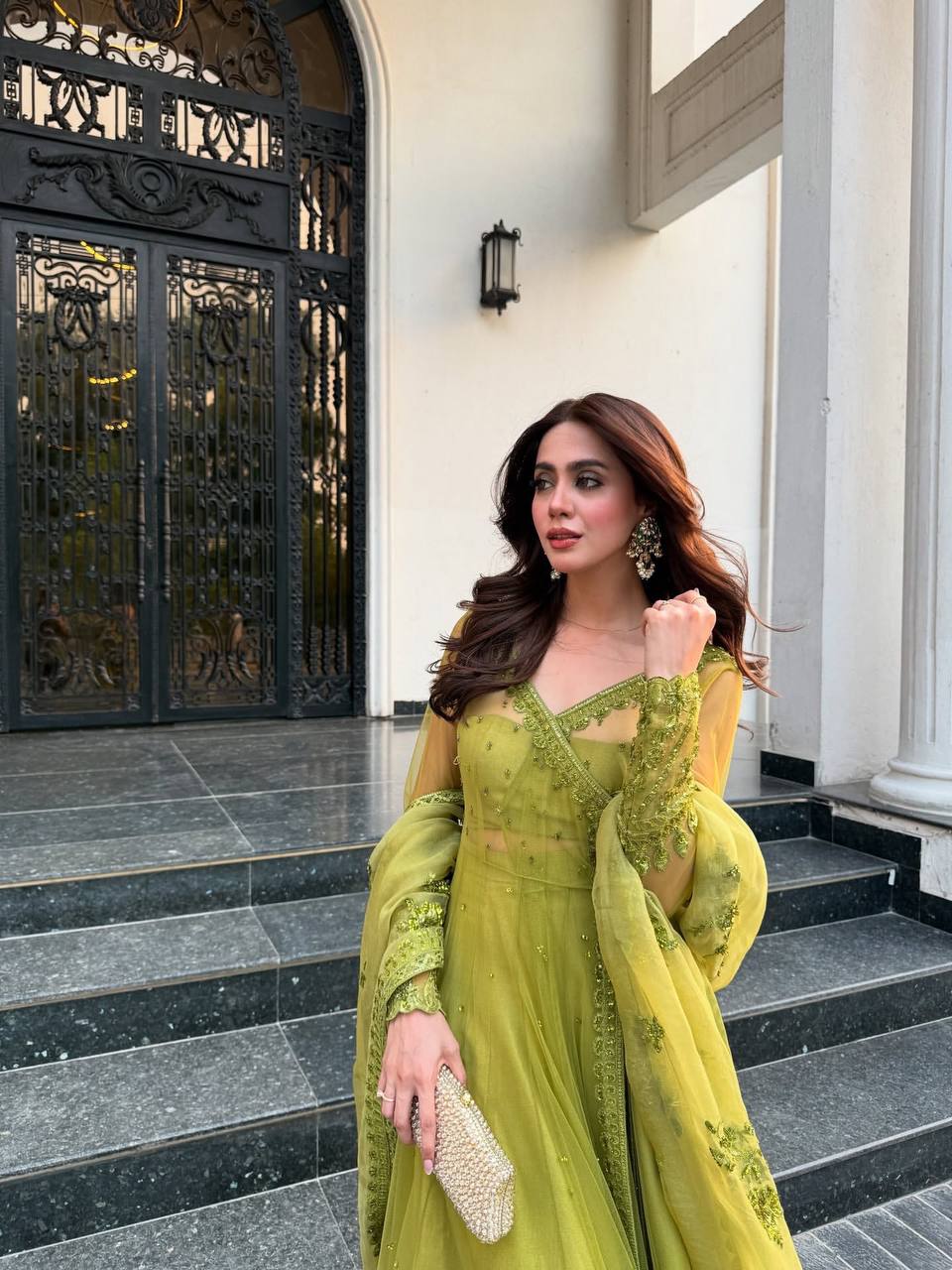 Mehendi Green Wedding Functions Gown Full Stiched