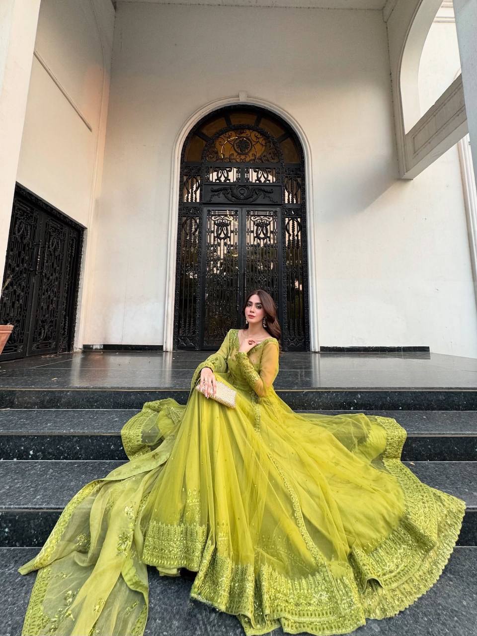 Mehendi Green Wedding Functions Gown Full Stiched