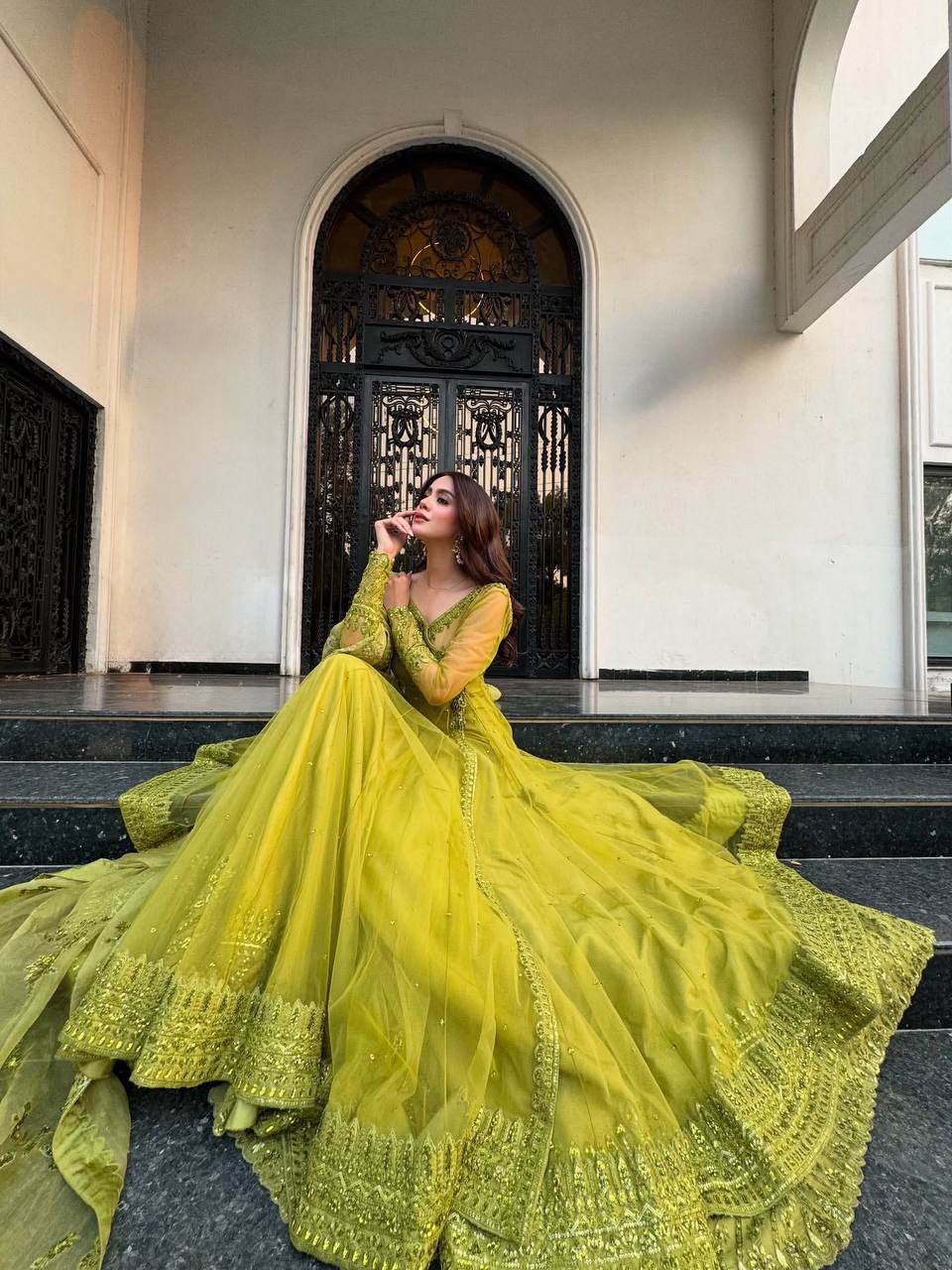 Mehendi Green Wedding Functions Gown Full Stiched