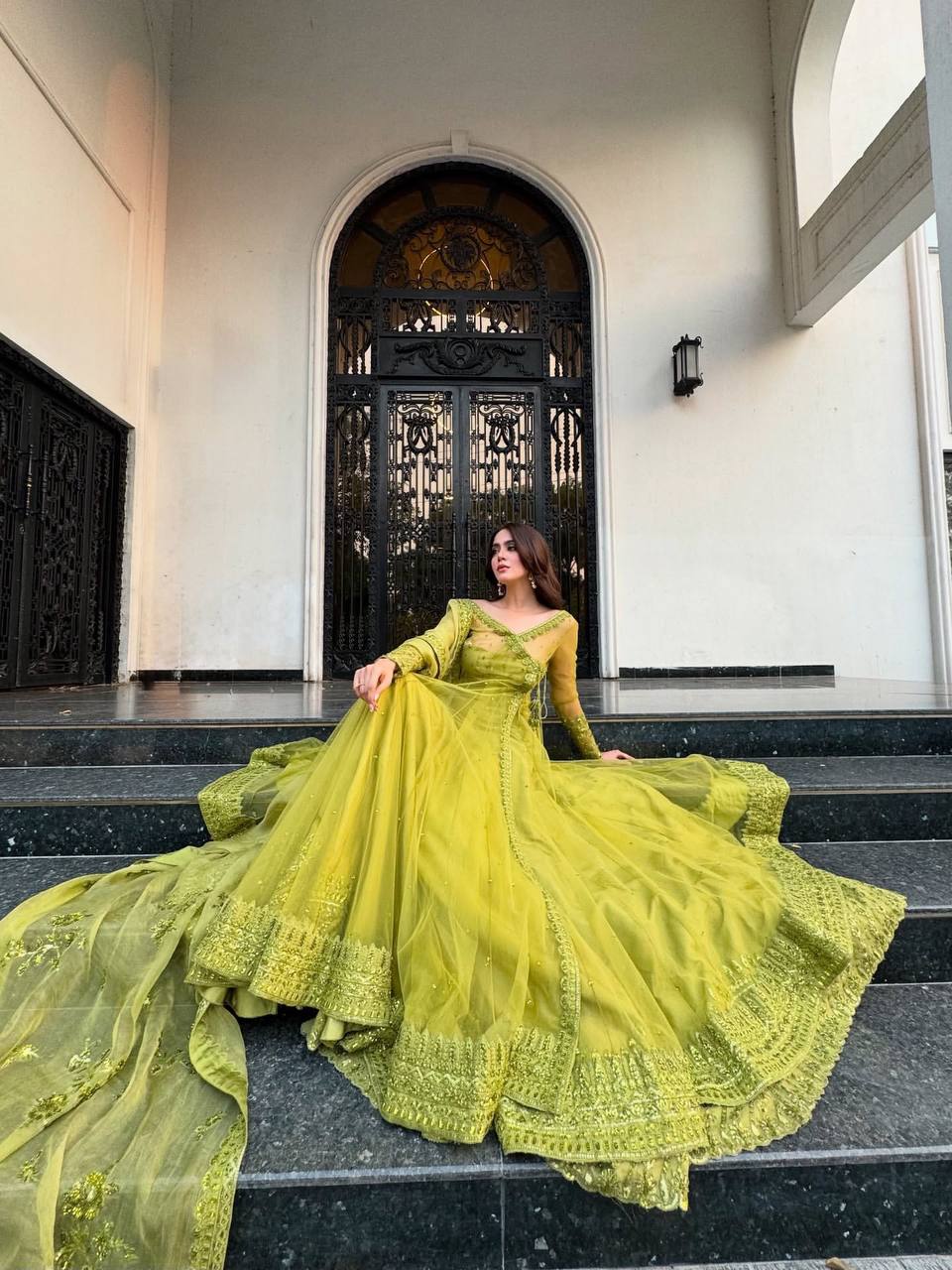 Mehendi Green Wedding Functions Gown Full Stiched